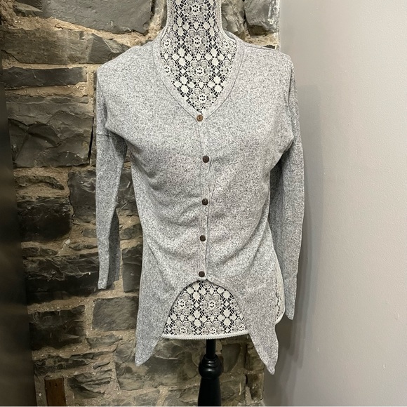 Olivia Rae V-Neck Marbled Grey Tie Up Front Sweater - Picture 2 of 4